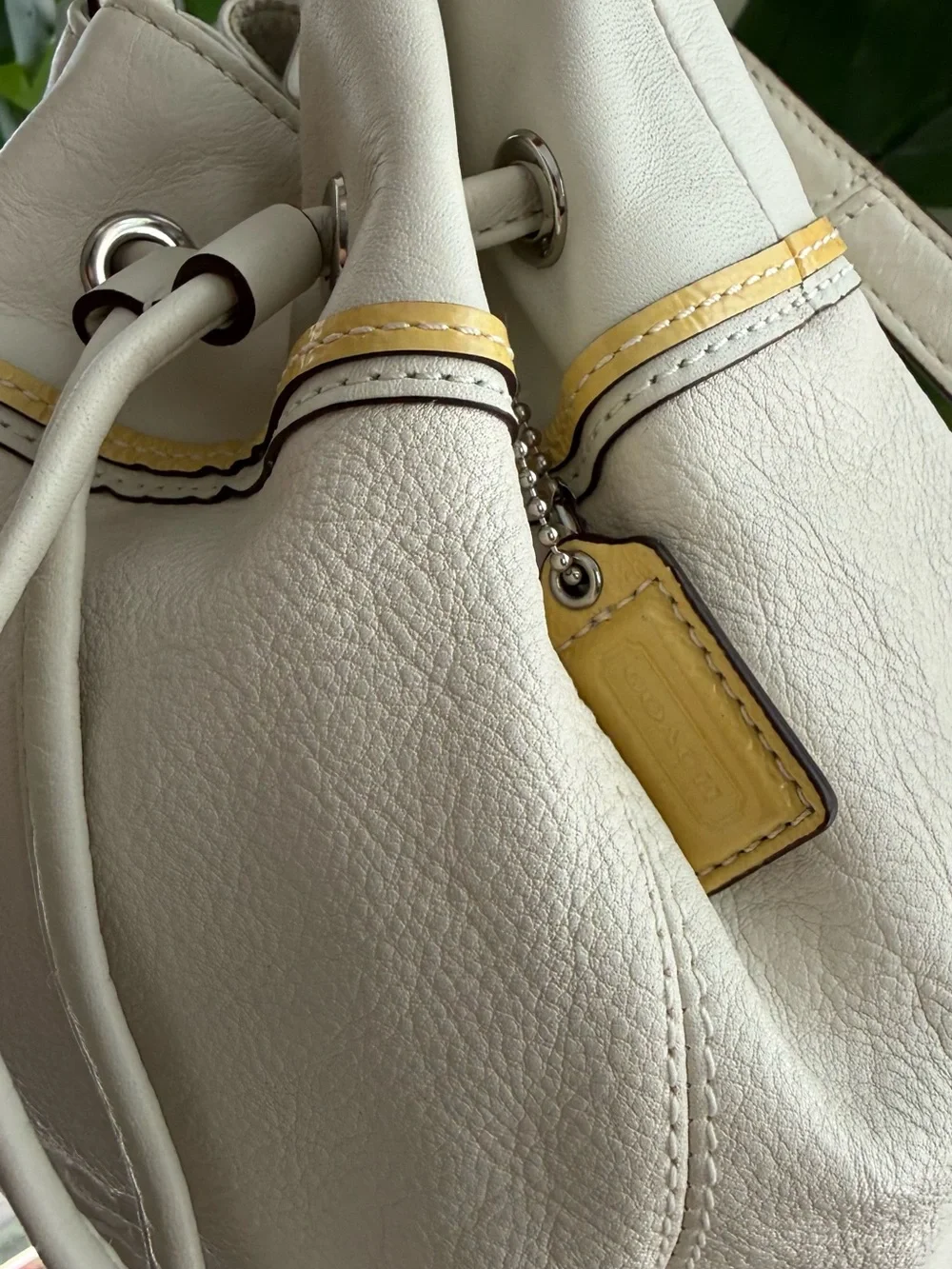 Coach Ivory Bucket Bag Drawstring Embossed Logo Adjustable Strap Pink Lining